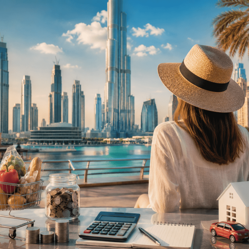 Expat calculating the cost of living in Dubai 2026 with a view of the skyline