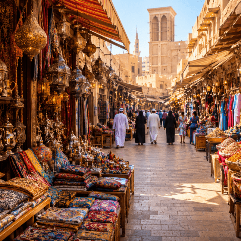 Bustling traditional alleyway at one of the cheap markets in Dubai selling brass lanterns and textiles