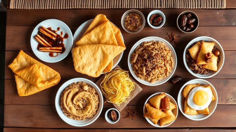 Spread of traditional Emirati street food and local dishes on a wooden table in Dubai