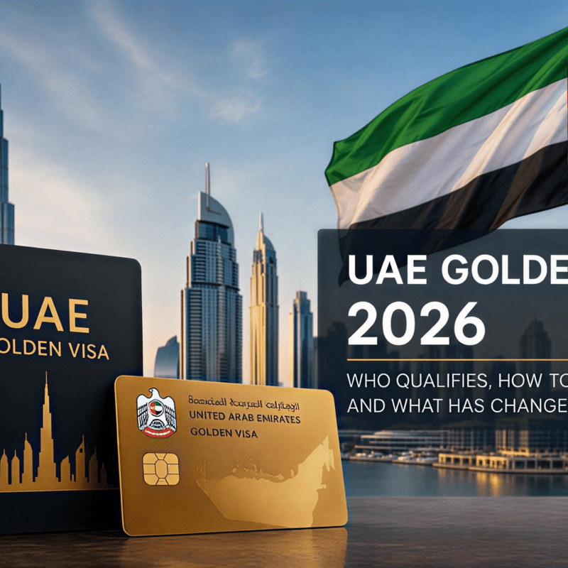 UAE Golden Visa 2026 residency card graphic with Dubai skyline and national flag