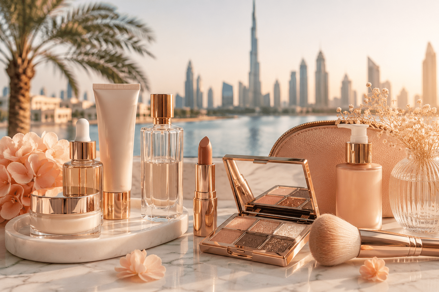 Skincare and makeup products displayed with Dubai skyline view highlighting UAE beauty trends