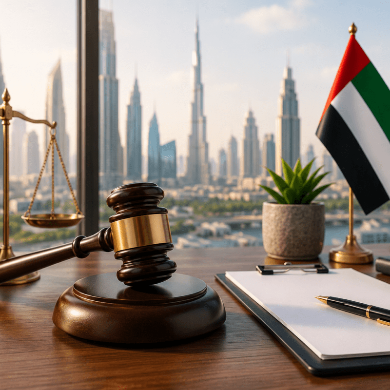 Wooden judge's gavel, scales of justice, and UAE flag illustrating UAE labour law 2026