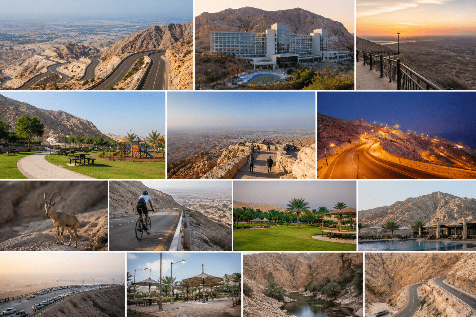 Photo collage of Jebel Hafeet Al Ain featuring winding mountain roads, resorts, and scenic viewpoints