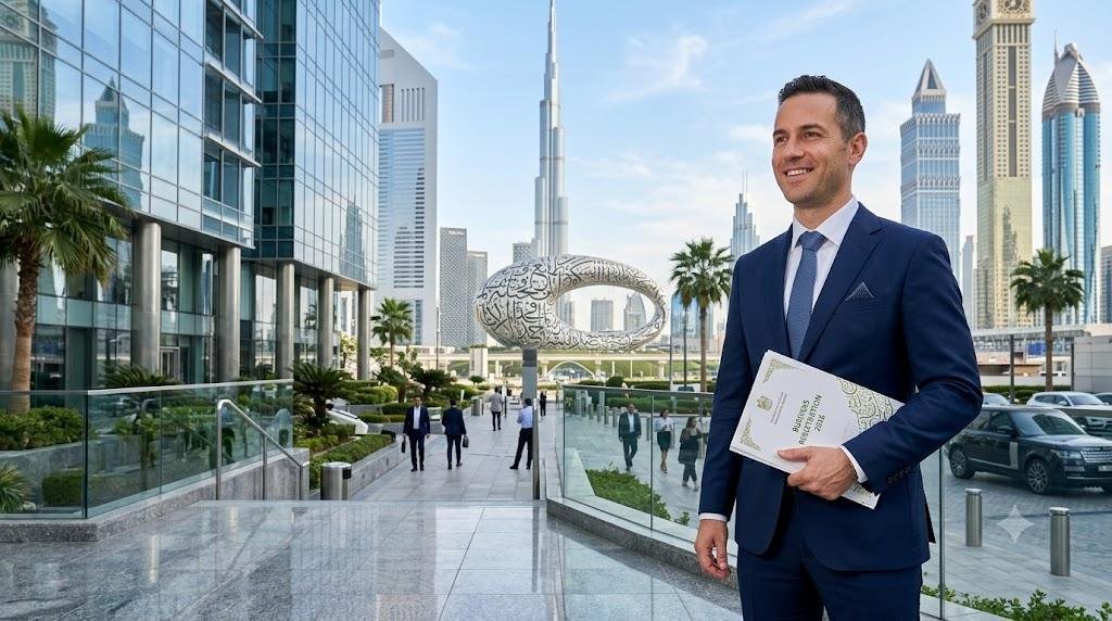 Entrepreneur holding business documents outdoors, illustrating how to start a small business in Dubai
