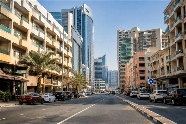 A realistic street view of Al Barsha 1, Dubai, featuring modern apartment buildings, palm-lined roads, parked cars, and a vibrant urban neighborhood under a clear blue sky, showcasing everyday residential living in Dubai.