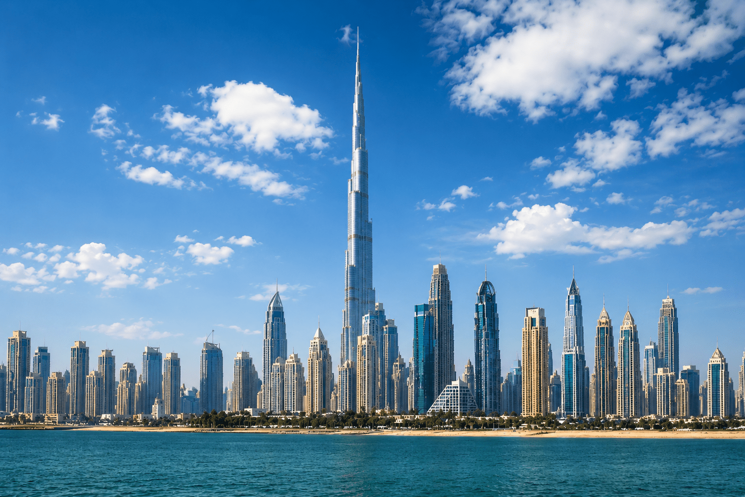 Dubai skyline on a clear day with Burj Khalifa towering above the city's skyscrapers and waterfront