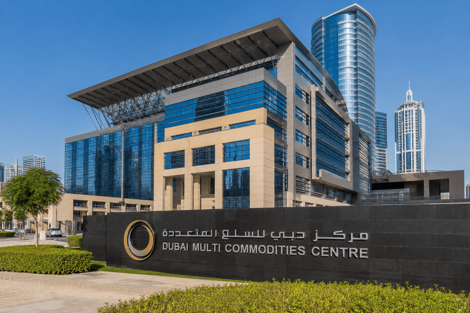 High-quality realistic view of Dubai Multi Commodities Centre (DMCC), featuring modern office towers, contemporary architecture, landscaped surroundings, and the iconic business hub in Dubai, UAE.