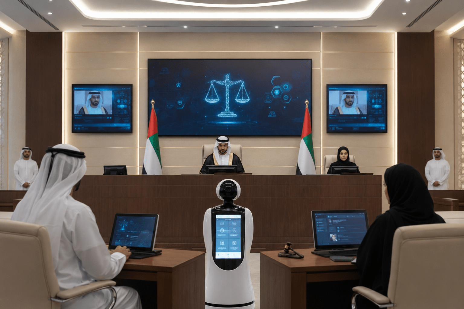 A realistic modern UAE courtroom featuring AI-powered judicial technology, digital legal systems, a robotic assistant, and judges using advanced technology to streamline justice in the United Arab Emirates.