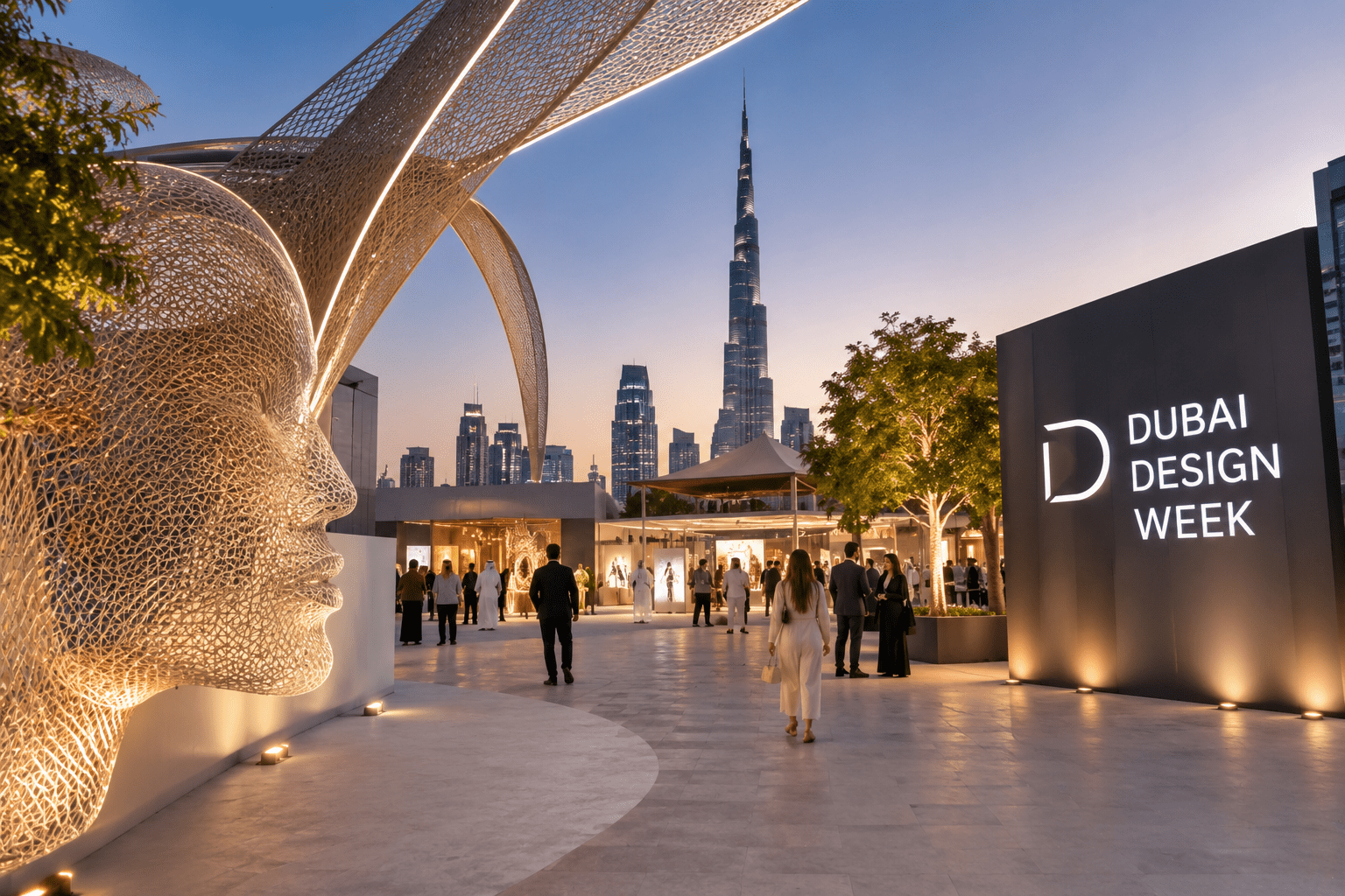 Dubai Design Week 2026 featuring contemporary design installations, visitors, modern architecture, and the Dubai skyline at sunset.
