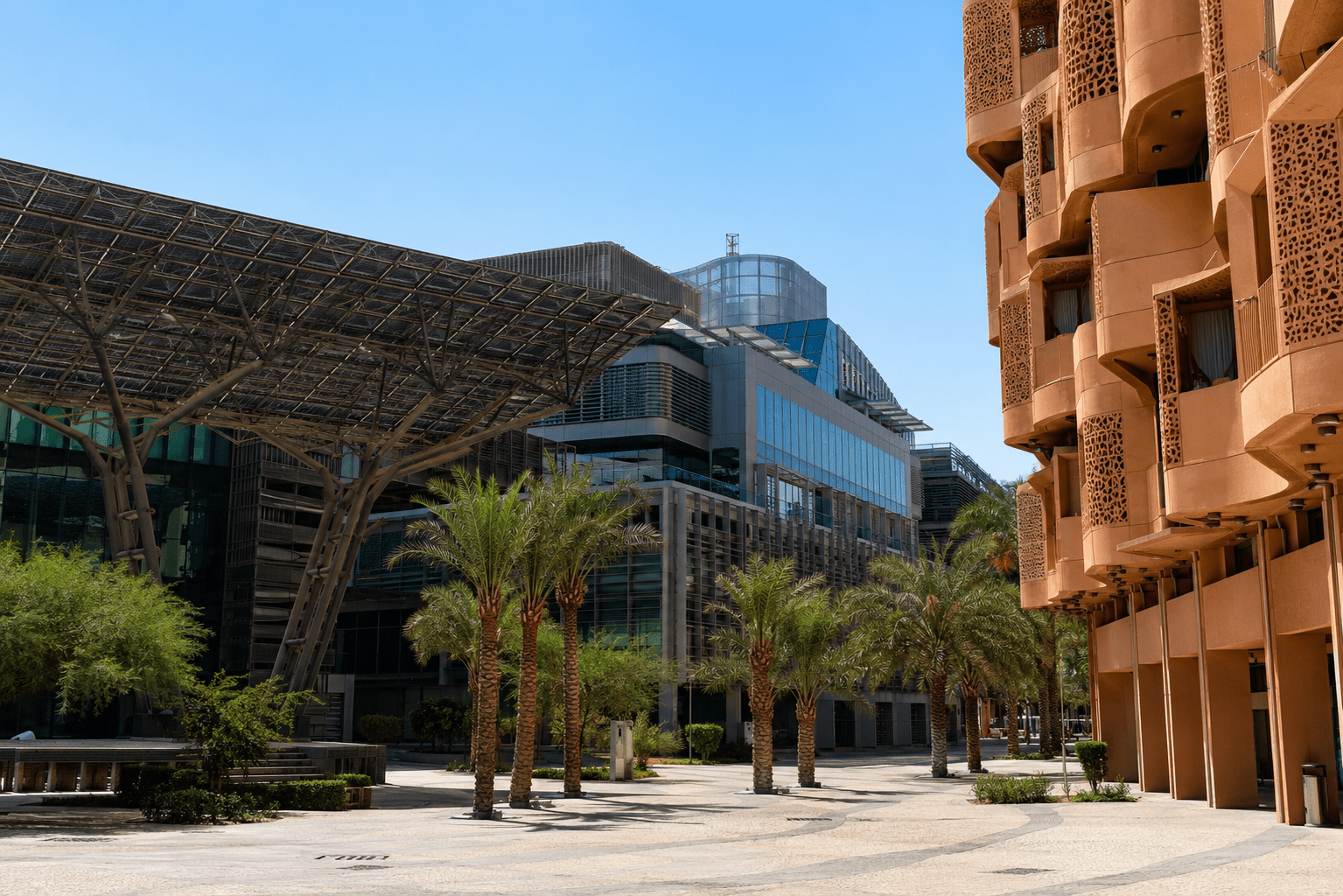 Solar-powered streets and buildings in Masdar City, Abu Dhabi, showcasing sustainable urban design