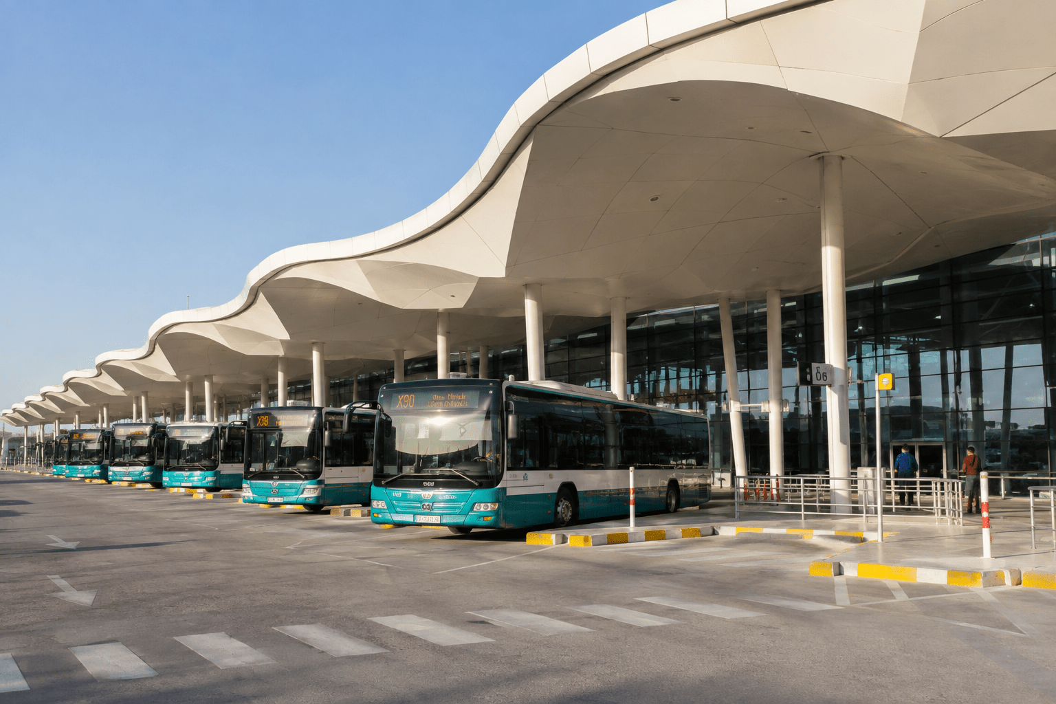 High-quality realistic view of Abu Dhabi Central Bus Station featuring modern buses parked beneath a sleek architectural canopy on a bright sunny day.