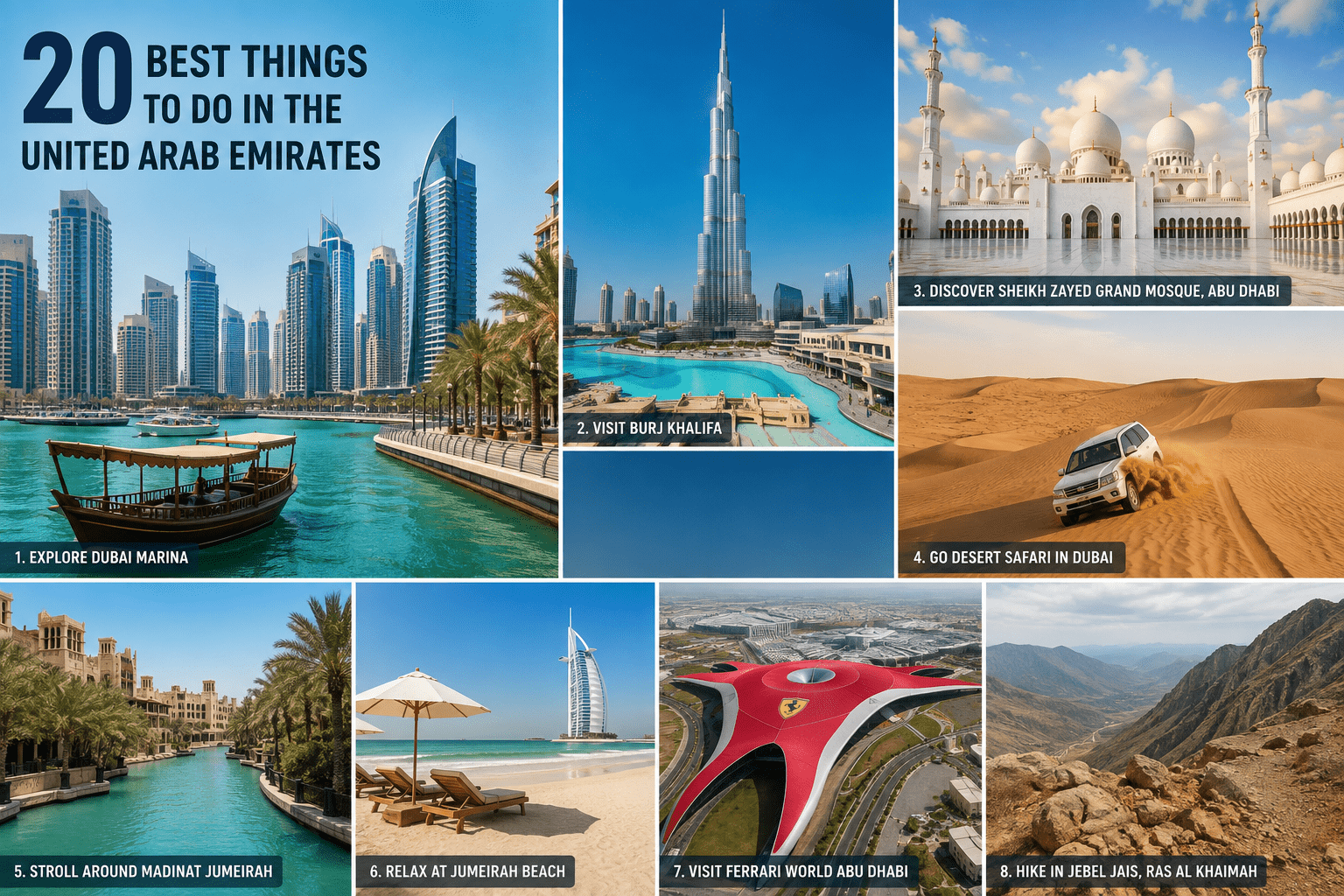 Best things to do in the UAE featuring Dubai Marina, Burj Khalifa, Sheikh Zayed Grand Mosque, Dubai desert safari, Madinat Jumeirah, Jumeirah Beach, Ferrari World Abu Dhabi, and Jebel Jais.