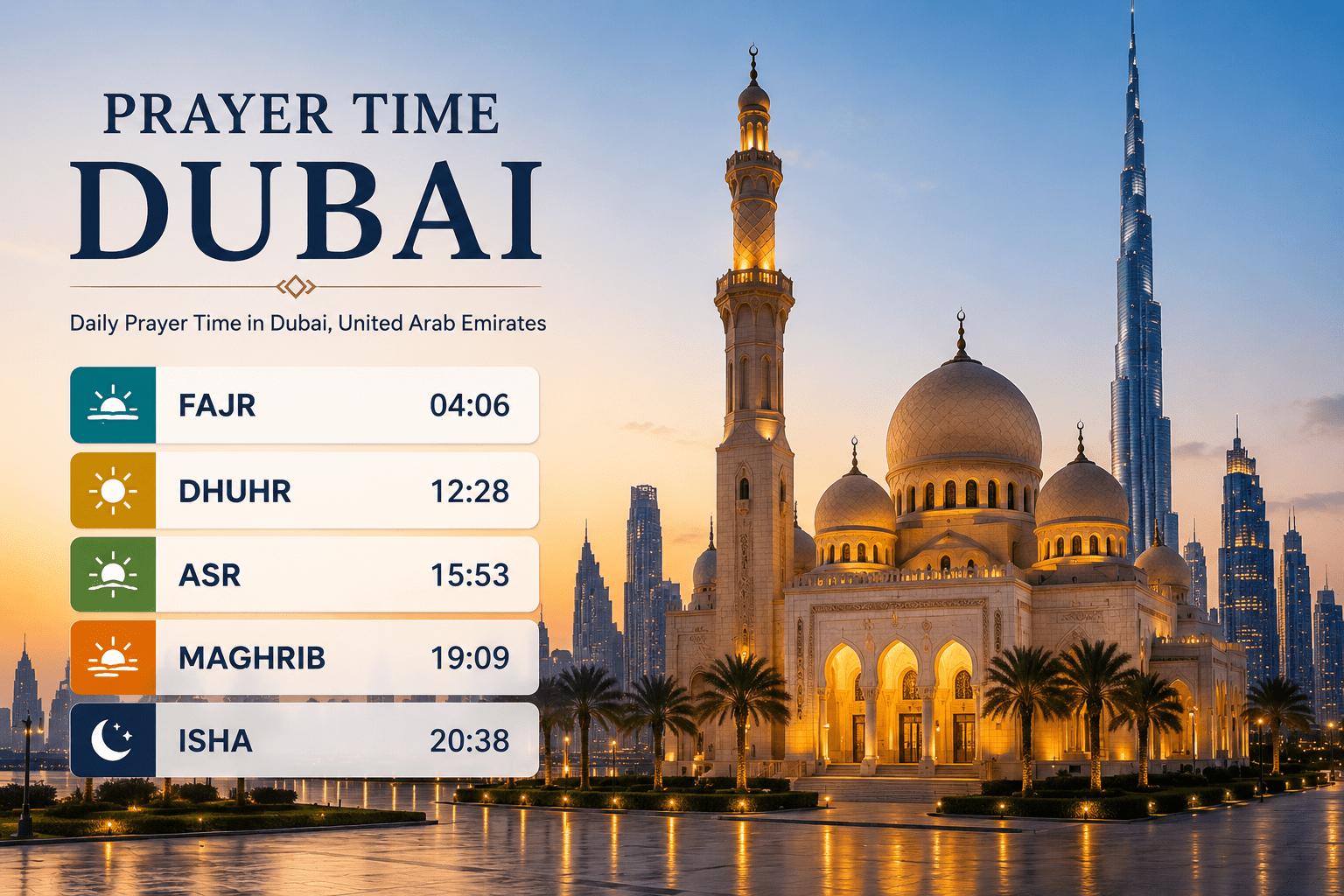 Prayer time Dubai today showing Fajr, Dhuhr, Asr, Maghrib and Isha timings with Dubai skyline and mosque at sunset