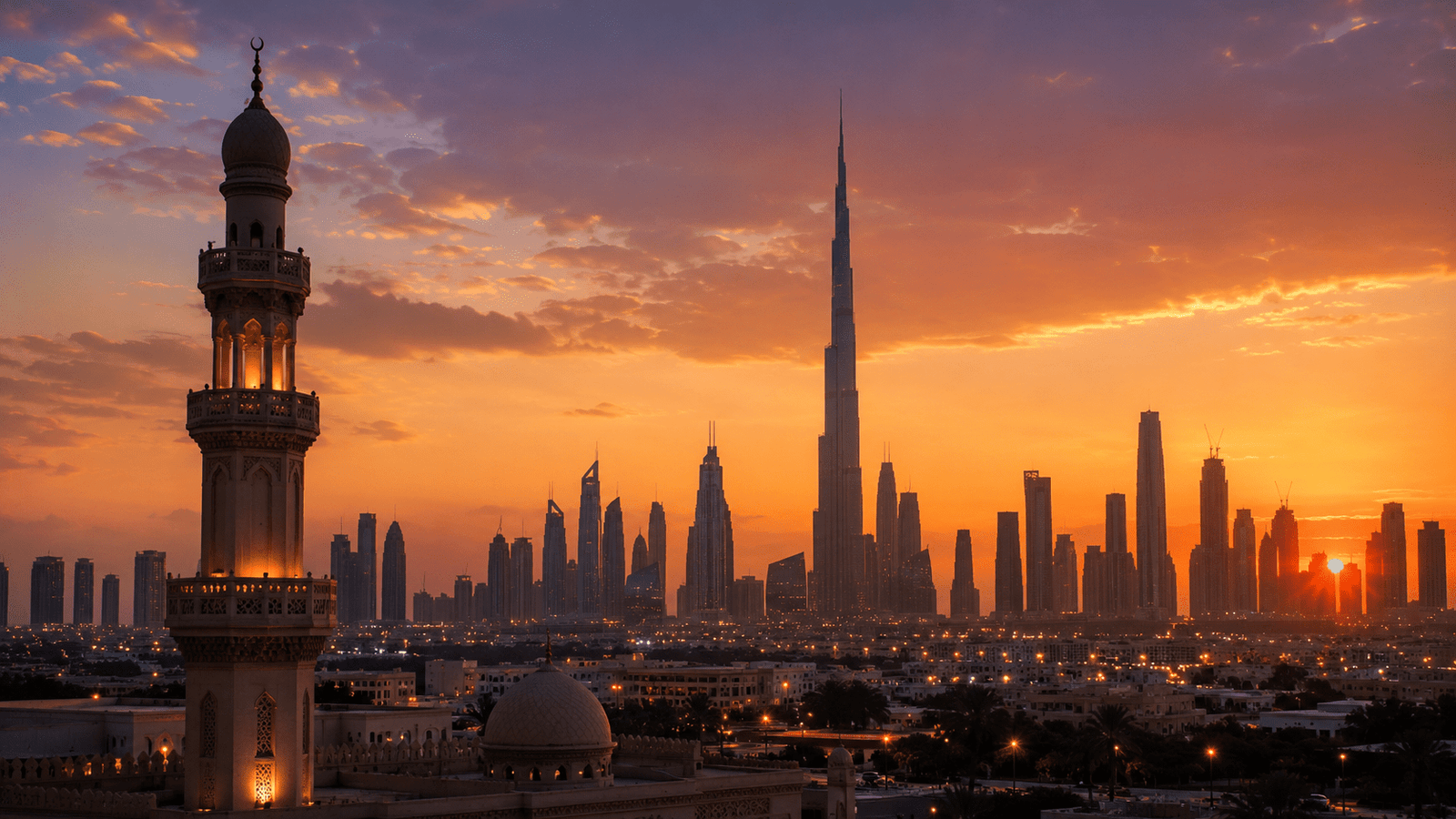 Dubai skyline at golden hour with the Burj Khalifa and a traditional mosque minaret during sunset, creating a peaceful Maghrib prayer atmosphere.