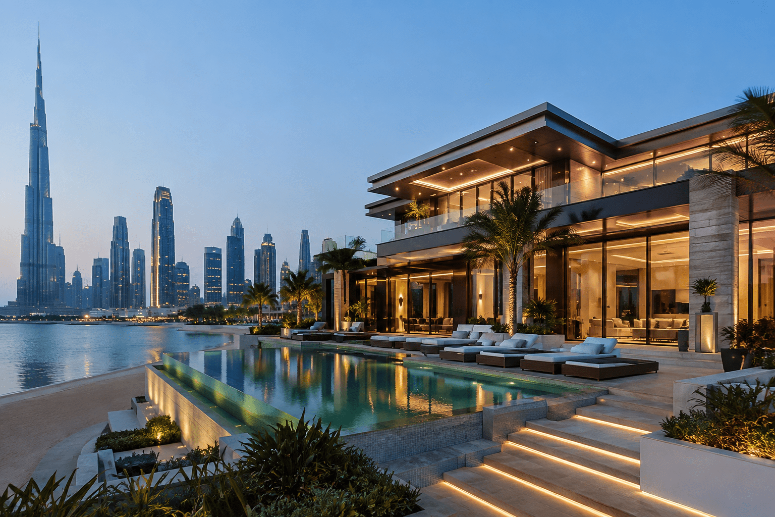 Luxury waterfront mansion in Dubai with an infinity pool overlooking the city skyline at sunset, representing the surge in Dubai's luxury real estate market and record sales of homes above $10 mi