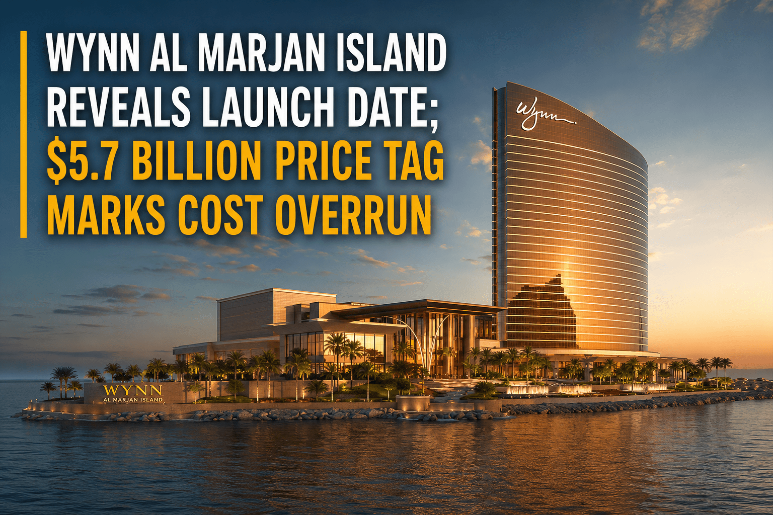Wynn Al Marjan Island resort in Ras Al Khaimah at sunset, highlighting its September 2027 launch and revised $5.7 billion project cost.