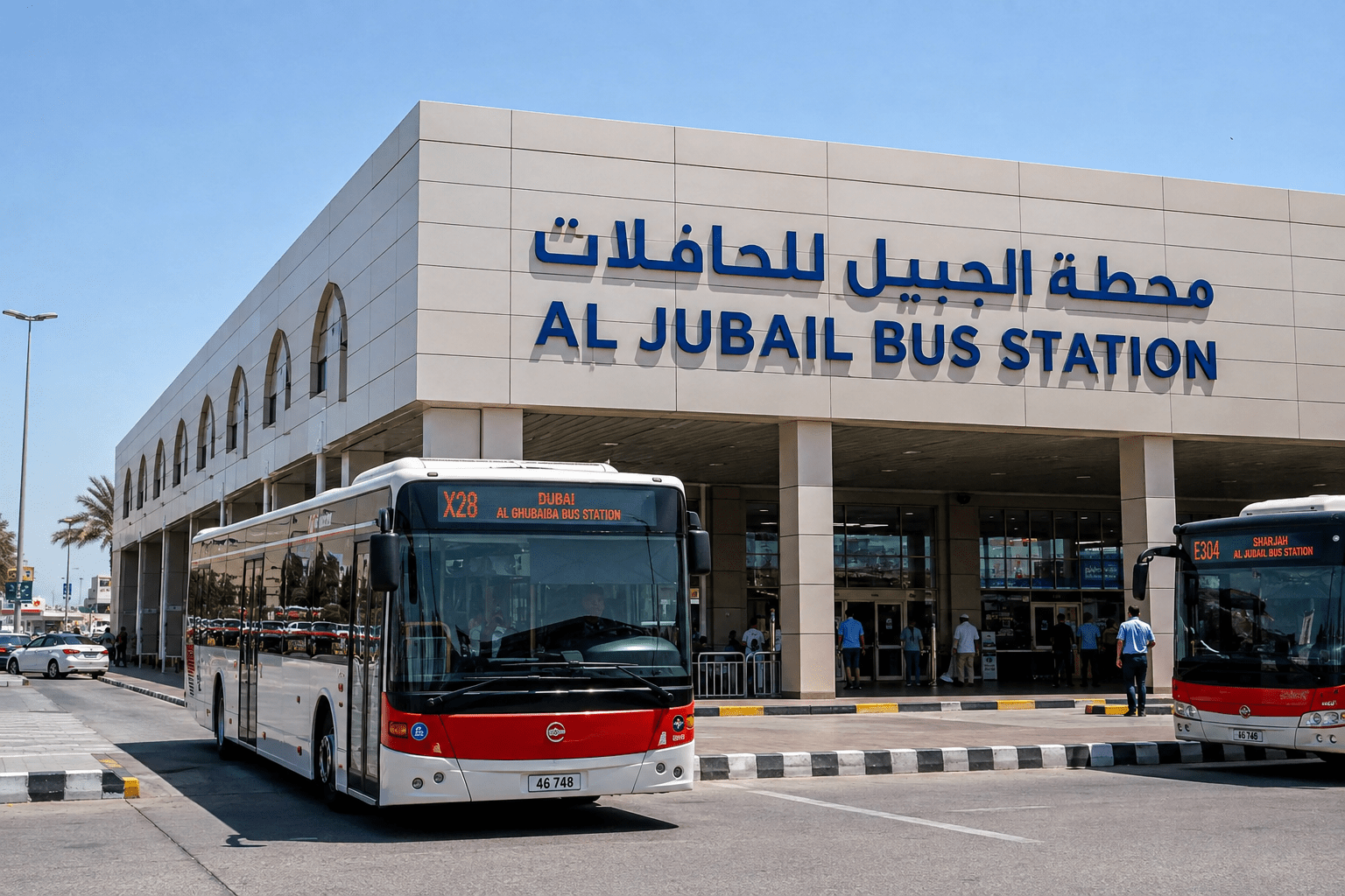 Modern exterior view of Al Jubail Bus Station Sharjah with intercity buses parked outside, showcasing one of the UAE's busiest public transport hubs.