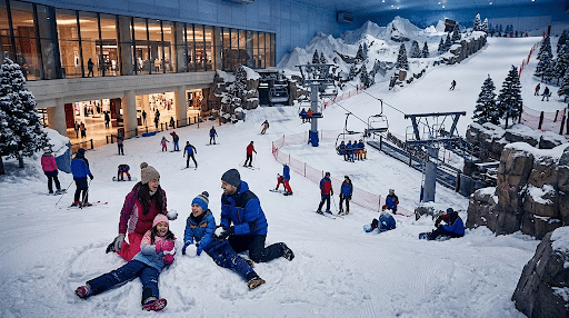 Ski Dubai Snow Park inside Mall of the Emirates with visitors enjoying indoor snow activities