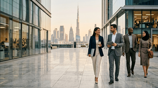 Professionals in Dubai business district representing average salaries and career opportunities in 2026