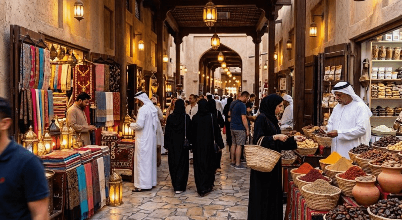 Local markets in UAE with traditional souk shops and colourful spices