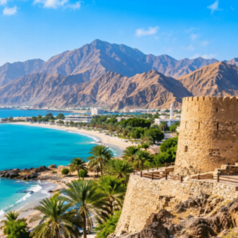 Best places to visit in Fujairah featuring the coastline, Hajar Mountains and historic fort