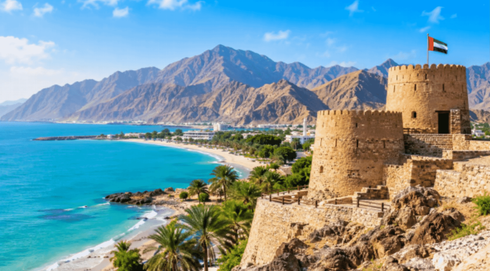 Best places to visit in Fujairah featuring the coastline, Hajar Mountains and historic fort