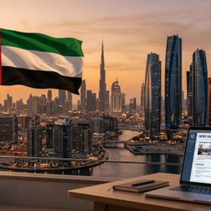 Latest news in the UAE featuring a modern skyline and the UAE national flag