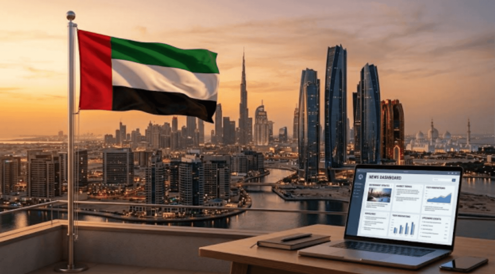 Latest news in the UAE featuring a modern skyline and the UAE national flag